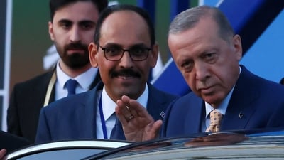 Turkish president Tayyip Erdogan waves as he leaves after his meeting with Swedish prime minister Ulf Kristersson and NATO Secretary-General Jens Stoltenberg. (Reuters)