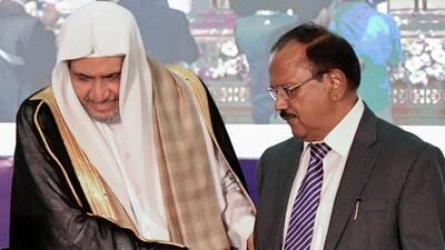 National Security Adviser Ajit Doval and Saudi Arabia leader and Muslim World League Secretary General Sheikh Dr Mohammed bin Abdulkarim Al-Issa at the India Islamic Cultural Centre in New Delhi on Tuesday (ANI) National Security Adviser Ajit Doval and Saudi Arabia leader and Muslim World League Secretary General Sheikh Dr Mohammed bin Abdulkarim Al-Issa at the India Islamic Cultural Centre in New Delhi on Tuesday (ANI)