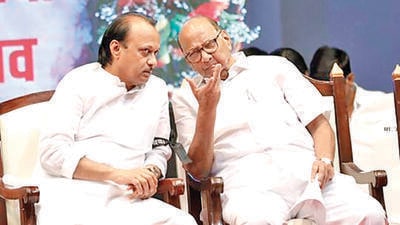 Pune, India - October 29, 2018: Nationalist Congress Party leaders Ajit Pawar and Sharad Pawar at the samvidhan bachao (save the Constitution) rally organised at Ganesh Kala Krida Manch on Monday. in Pune, India, on Monday, October 29, 2018. (Photo by Rahul Raut/HT PHOTO) Pune, India - October 29, 2018: Nationalist Congress Party leaders Ajit Pawar and Sharad Pawar at the samvidhan bachao (save the Constitution) rally organised at Ganesh Kala Krida Manch on Monday. in Pune, India, on Monday, October 29, 2018. (Photo by Rahul Raut/HT PHOTO)
