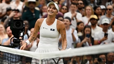 Czech Republic's Marketa Vondrousova celebrates winning her quarter final match against Jessica Pegula of the U.S. (REUTERS)