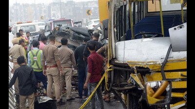 The police said the impact of the collision was such that the front of the TUV was completely crushed. (Sakib Ali/HT Photo) The police said the impact of the collision was such that the front of the TUV was completely crushed. (Sakib Ali/HT Photo)