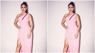 Mrunal's pink gown featured one sleeveless shoulder detail, and one off-shoulder pattern. The gown also had a pop of colours on one shoulder in the form of pink rhinestones. (Instagram/@mrunalthakur) Mrunal's pink gown featured one sleeveless shoulder detail, and one off-shoulder pattern. The gown also had a pop of colours on one shoulder in the form of pink rhinestones. (Instagram/@mrunalthakur)