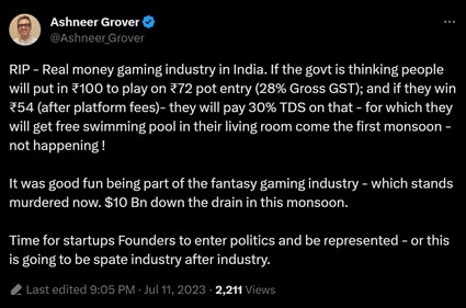 Ashneer Grover on 28% GST on online gaming. (Twitter/@Ashneer_Grover) Ashneer Grover on 28% GST on online gaming. (Twitter/@Ashneer_Grover)