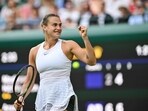 Belarus's Aryna Sabalenka celebrates winning against US player Madison Keys during their women's singles quarter-finals Belarus's Aryna Sabalenka celebrates winning against US player Madison Keys during their women's singles quarter-finals