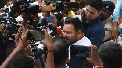 Bihar deputy CM Tejashwi Yadav talks to reporters in Patna on Wednesday. (Santosh Kumar/HT) Bihar deputy CM Tejashwi Yadav talks to reporters in Patna on Wednesday. (Santosh Kumar/HT)