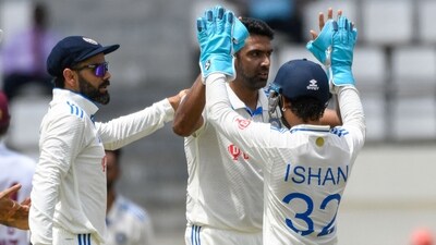 R Ashwin, Ishan Kishan and Virat Kohli celebrate the dismissal of Tagenarine Chanderpaul (AFP) R Ashwin, Ishan Kishan and Virat Kohli celebrate the dismissal of Tagenarine Chanderpaul (AFP)