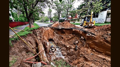 Heavy rains over the weekend caused widespread damage to roads and sewerage pipelines at over 45 locations across Chandigarh. A canal water pipeline near Bapu Dham Colony along IT Park Road was also destroyed, disrupting supply to Manimajra. (Ravi Kumar/HT) Heavy rains over the weekend caused widespread damage to roads and sewerage pipelines at over 45 locations across Chandigarh. A canal water pipeline near Bapu Dham Colony along IT Park Road was also destroyed, disrupting supply to Manimajra. (Ravi Kumar/HT)