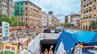 Mumbai, India - July 12, 2023: Heritage and old building in South Bombay were preserved during construction of Hutatma Chowk Underground Metro station. Details on how the engineers built a Metro station below heritage and old buildings on DN road near Fountain in Mumbai, India, on Wednesday, July 12, 2023. (Photo by Satish Bate/ Hindustan Times) (Hindustan Times)