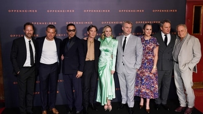 Actors Trond Fausa Aurvaag, Matt Damon, Robert Downey Jr., Cillian Murphy, Emily Blunt, along with Oppenheimer direcotor Christopher Nolan with his wife-filmmaker Emma Thomas, and actor Jason Clarke pose at the Oppenheimer premiere in Paris on Tuesday. (AFP) Actors Trond Fausa Aurvaag, Matt Damon, Robert Downey Jr., Cillian Murphy, Emily Blunt, along with Oppenheimer direcotor Christopher Nolan with his wife-filmmaker Emma Thomas, and actor Jason Clarke pose at the Oppenheimer premiere in Paris on Tuesday. (AFP)