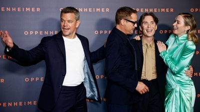 Matt Damon, Robert Downey Jr., Cillian Murphy and Emily Blunt share a light moment as they pose together at Oppenheimer premiere at the Grand Rex Cinema in Paris. The Christopher Nolan will release in UK and the US on July 21.&nbsp; (REUTERS)