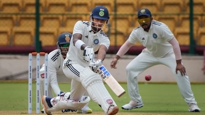 South Zone batter Tilak Verma plays a shot during the first day of the Duleep Trophy final (PTI) South Zone batter Tilak Verma plays a shot during the first day of the Duleep Trophy final (PTI)
