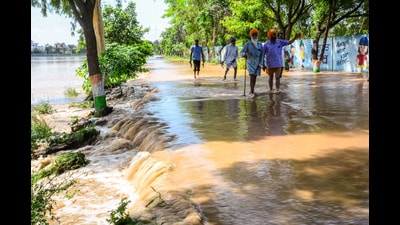 People wade through a flooded area, at Lohian Khas in Jalandhar on Wednesday. (ANI) People wade through a flooded area, at Lohian Khas in Jalandhar on Wednesday. (ANI)