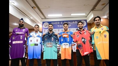 Team captains during the launch of jerseys in Mohali on Wednesday. (Ravi Kumar/HT)