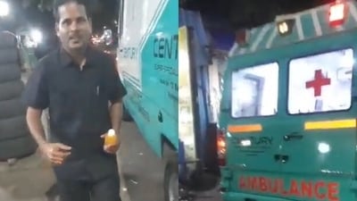 Screengrabs of the viral video of an ambulance driver misusing siren in Hyderabad. (Twitter ) Screengrabs of the viral video of an ambulance driver misusing siren in Hyderabad. (Twitter )