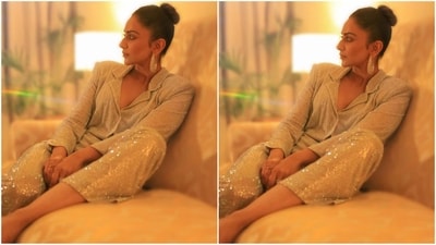 Assisted by fashion stylist Anshika Verma, Rakul complemented her look with statement oversized bling hoop earrings and a pair of shimmering pump heels. (Instagram/@rakulpreet) Assisted by fashion stylist Anshika Verma, Rakul complemented her look with statement oversized bling hoop earrings and a pair of shimmering pump heels. (Instagram/@rakulpreet)
