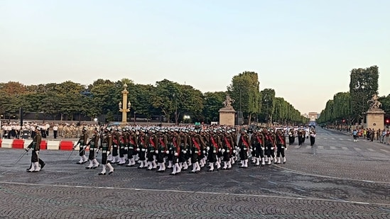 Indian Armed Forces contingent participates in the preparations for the Bastille Day Parade 2023, in Paris on Monday. (ANI)
