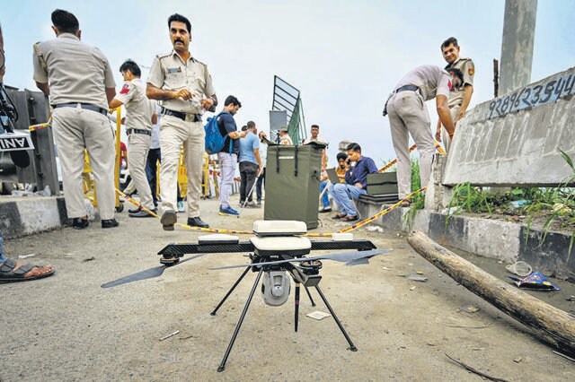 Police officers deploy a drone to search the area. (Sanchit Khanna/HT Photo) Police officers deploy a drone to search the area. (Sanchit Khanna/HT Photo)