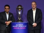 BCCI Secretary Jay Shah (L) and ICC Chief Executive Geoff Allardice pose with the trophy of the upcoming Men's Cricket World Cup BCCI Secretary Jay Shah (L) and ICC Chief Executive Geoff Allardice pose with the trophy of the upcoming Men's Cricket World Cup