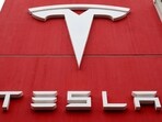 The logo of car manufacturer Tesla
