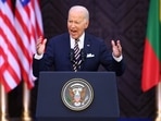 US president Joe Biden delivers remarks at Vilnius University during a NATO leaders summit in Vilnius, Lithuania.