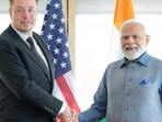 Prime Minister Narendra Modi shakes hand with Tesla chief executive Elon Musk during their meeting in New York City, New York, U.S., June 20, 2023. India's Press Information Bureau/Handout via REUTERS THIS IMAGE HAS BEEN SUPPLIED BY A THIRD PARTY. NO RESALES. NO ARCHIVES./File Photo
