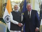 Prime Minister Narendra Modi with Senate President Gerard Larcher in Paris. 