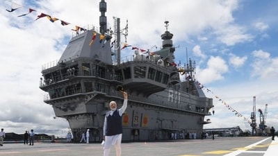 Prime Minister Narendra Modi on INS Vikrant aircraft carrier. Prime Minister Narendra Modi on INS Vikrant aircraft carrier.