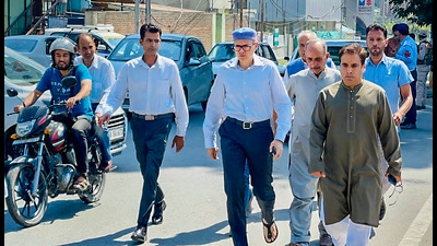 Former J&K chief minister and J&K National Conference leader Omar Abdullah on his way to party headquarters for a special prayers meet organised to pay homage to 22 Kashmiri people who were killed by the army of a Dogra ruler in 1931, in Srinagar on Thursday. (PTI) Former J&K chief minister and J&K National Conference leader Omar Abdullah on his way to party headquarters for a special prayers meet organised to pay homage to 22 Kashmiri people who were killed by the army of a Dogra ruler in 1931, in Srinagar on Thursday. (PTI)