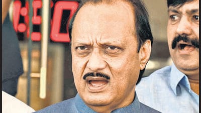 Mumbai, India - March 14, 2023: Leader of the Opposition Ajit Pawar, Jtiendra Awhad, Anil Deshmukh along with Opposition party legislators protest during the Maharashtra Budget Session, at Vidhan Bhavan, Nariman Point, in Mumbai, India, on Tuesday, March 14, 2023. (Photo by Satish Bate/ Hindustan Times) (Satish Bate/HT PHOTO) Mumbai, India - March 14, 2023: Leader of the Opposition Ajit Pawar, Jtiendra Awhad, Anil Deshmukh along with Opposition party legislators protest during the Maharashtra Budget Session, at Vidhan Bhavan, Nariman Point, in Mumbai, India, on Tuesday, March 14, 2023. (Photo by Satish Bate/ Hindustan Times) (Satish Bate/HT PHOTO)