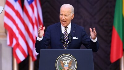 US president Joe Biden delivers remarks at Vilnius University during a NATO leaders summit in Vilnius, Lithuania. (Reuters)