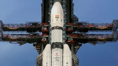 The Launch Vehicle Mark-III (LVM3) M4 vehicle with Chandrayaan-3 at the launch pad at Satish Dhawan Space Centre (PTI) The Launch Vehicle Mark-III (LVM3) M4 vehicle with Chandrayaan-3 at the launch pad at Satish Dhawan Space Centre (PTI)