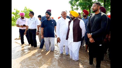 Punjab chief minister Bhagwant Mann inspects the flood-affected areas of Sangrur due to a rise in the water level of the Ghaggar river, on Thursday. (Twitter)