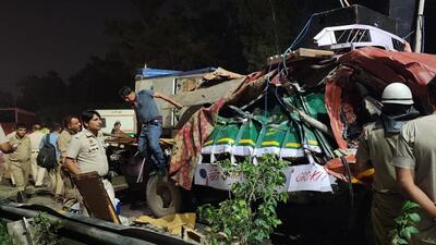 The speeding truck jumped a divider at Siraspur. (Sourced) The speeding truck jumped a divider at Siraspur. (Sourced)