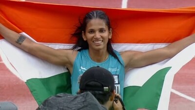 Jyothi Yarraji with the tri-colour. (Twitter) Jyothi Yarraji with the tri-colour. (Twitter)