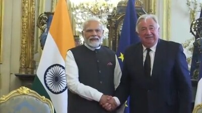 Prime Minister Narendra Modi with Senate President Gerard Larcher in Paris. (ANI) Prime Minister Narendra Modi with Senate President Gerard Larcher in Paris. (ANI)