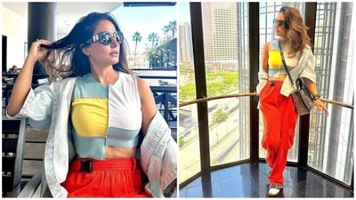 Hina Khan rocks a crop top and cargo pants combo during her trip to the US, proving comfort can be stylish. (Instagram/@realhinakhan) Hina Khan rocks a crop top and cargo pants combo during her trip to the US, proving comfort can be stylish. (Instagram/@realhinakhan)