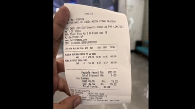The journalist shared this invoice after he paid ₹820 for regular cheese popcorn and Pepsi at a PVR in Noida. (Twitter/@tridipkmandal) The journalist shared this invoice after he paid ₹820 for regular cheese popcorn and Pepsi at a PVR in Noida. (Twitter/@tridipkmandal)