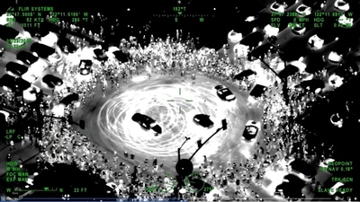 California Highway Patrol helicopter monitoring a sideshow doing donuts at an intersection. (Goldne Gate Division Air Operations) California Highway Patrol helicopter monitoring a sideshow doing donuts at an intersection. (Goldne Gate Division Air Operations)