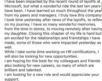 A screenshot of the former Microsoft employee's LinkedIn post.
