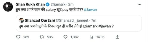 Shah Rukh Khan's response to a troll. Shah Rukh Khan's response to a troll.