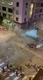 Sideshow cars burn rubber and leave skid marks in a blocked Oakland intersection (Mrinali Goyal via Storyfu) Sideshow cars burn rubber and leave skid marks in a blocked Oakland intersection (Mrinali Goyal via Storyfu)