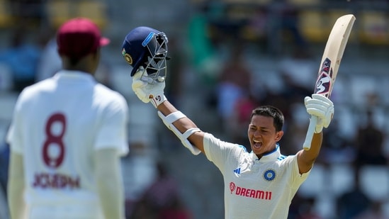 India's Yashasvi Jaiswal celebrates after he scored a century against West Indies India's Yashasvi Jaiswal celebrates after he scored a century against West Indies