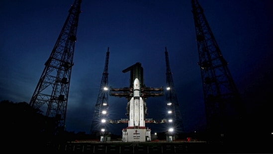 The Launch Vehicle Mark-III (LVM3) M4 vehicle with Chandrayaan-3 at the launch pad at Satish Dhawan Space Centre, in Sriharikota. Indian Space Research Organisation (ISRO) (PTI)