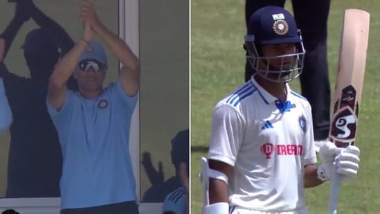 Yashasvi Jaiswal (Right) got his Test career off to a rollicking start and Rahul Dravid couldn't keep calm. (Screengrab)