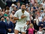 Serbia's Novak Djokovic reacts after beating Italy's Jannik Sinner to win their men's singles semifinal match on day twelve of the Wimbledon Serbia's Novak Djokovic reacts after beating Italy's Jannik Sinner to win their men's singles semifinal match on day twelve of the Wimbledon