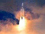 Indian spacecraft Chandrayaan-3, the word for "moon craft" in Sanskrit, travels after it was launched from the Satish Dhawan Space Centre in Sriharikota.