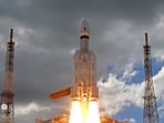 Indian spacecraft Chandrayaan-3, the word for “moon craft” in Sanskrit, lifts off from Sriharikota, India. 