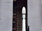 ISRO's LVM3 carrying Chandrayaan-3 being moved to the launch pad ahead of its launch, at the Satish Dhawan Space Station, in Sriharikota. (PTI Photo)