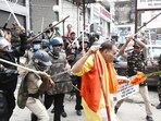 Police action during the BJP protest in Patna on Thursday. (Santosh Kumar/HT) Police action during the BJP protest in Patna on Thursday. (Santosh Kumar/HT)
