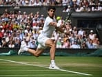 Spain's Carlos Alcaraz in action during his quarter final match against Denmark's Holger Rune 